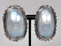 VTG Earrings 925 Silver Osmeña Nautilus Shell Pearl Cabochons Post TLK Mine