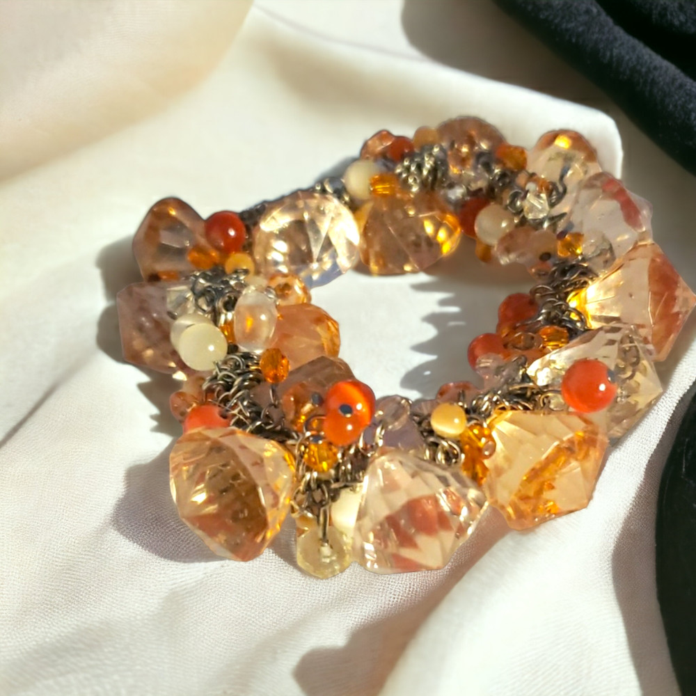 Bracelet, Stretch Clear Faceted Orange White Cats Eye Beads (F110)
