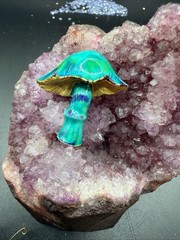 Vintage Enamel Mushroom Brooch Teal Blue Gold Tone Toadstool Pin Cottagecore