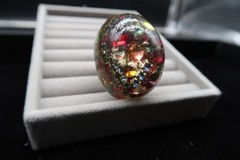 Vtg Domed Confetti Gold Tone Acrylic Resin Artist Made Adjustible Ring Fireworks