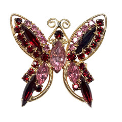 Vtg Juliana Style Butterfly Brooch Red Pink AB Rhinestone Gold Tone Pin RETRO
