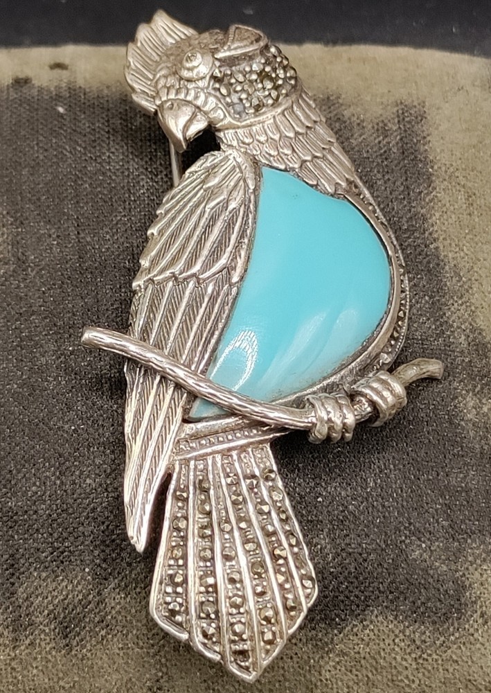 Sterling & Marcasite Blue Resin Bird Belly Cockatiel Brooch