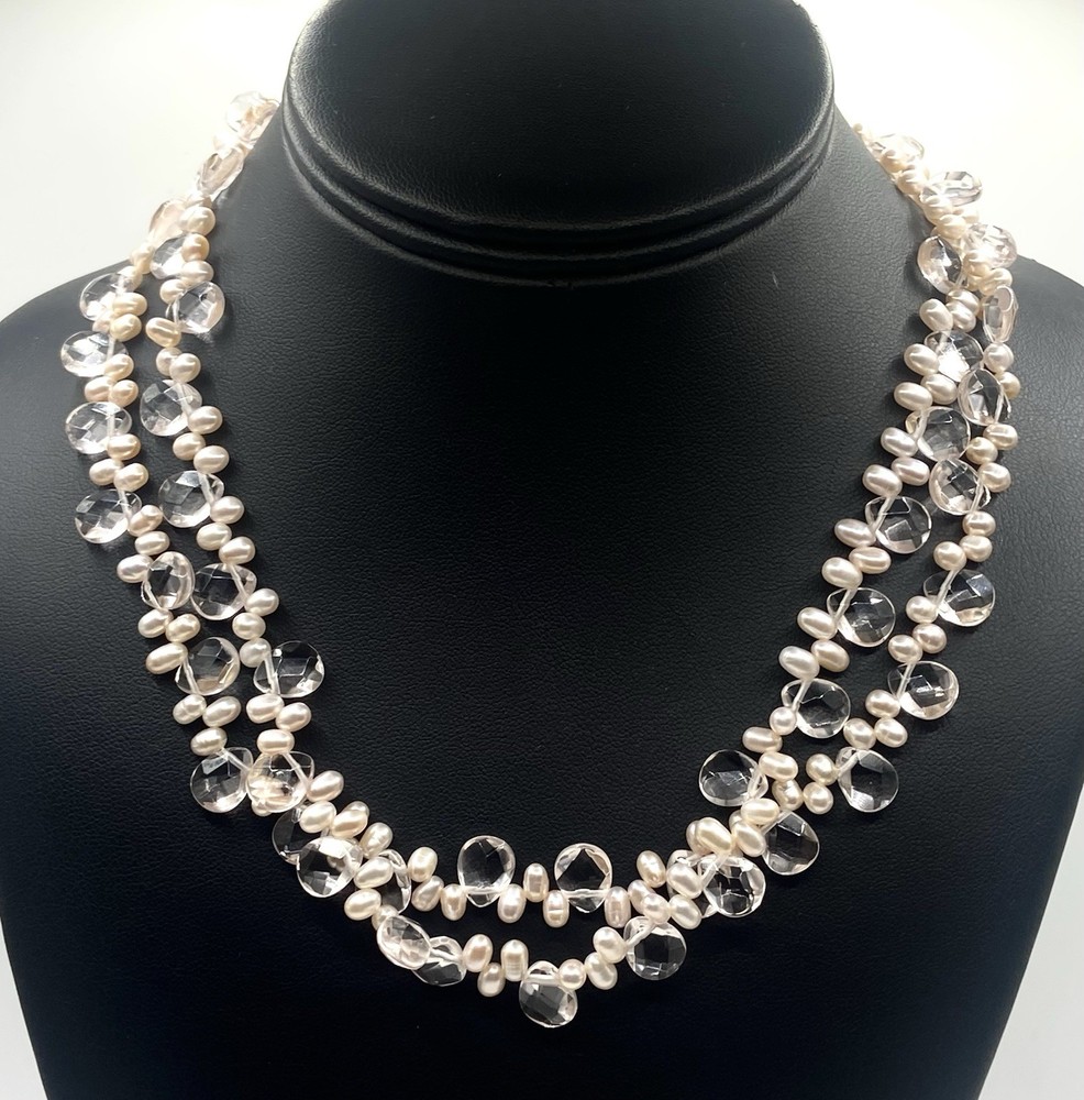Vintage 14K Clasp Rice Pearl & Crystals Two Strands Necklace 18” Long