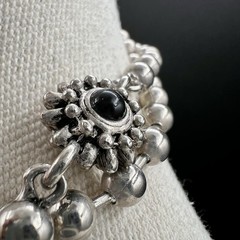 Vintage Long Silver Tone Necklace Black Floral Stations 35″ Southwest Statement