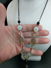 Vintage Glass & Opalite Beaded Tassel Necklace Faux Lariat Black Chain 27″ Long