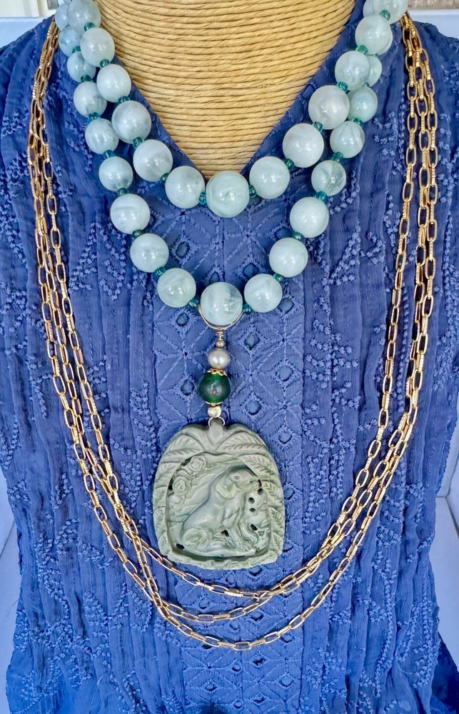 Vintage Jewelry, Hand carved mythical lion stone pendant necklace. Boho look,