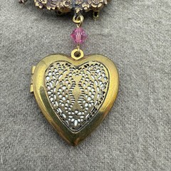Vintage Heart Shaped Filigree Floral Pendant Pinback Locket Gold Tone