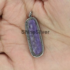 Natural Charoite Pave Diamond Vintage 925 Sterling Silver Charm Women Pendant