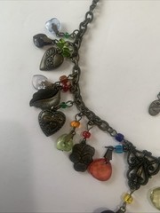 Vintage brass antique tone metal chain cluster bead necklace heart Charms. N61