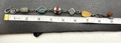 800 Silver Feather Charm Link Bracelet Turquoise Jade Coral Boho 8”