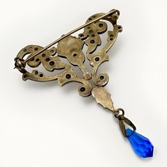 Vintage Victorian Revival Blue Glass Dangle Brooch Moonglow Cabochon Brass Pin
