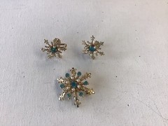 Vintage Faux Pearl and Aque Rhinestone Pin and Earrings
