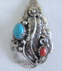 NAVAJO? STERLING PENDANT 2 INCHES, TURQUOISE & CORAL