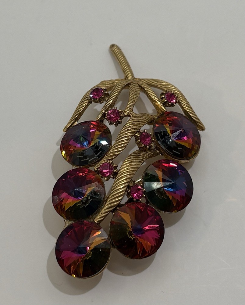 Vintage Watermelon Rivoli Rhinestone Leaf Brooch Gold Tone Pink Aurora Borealis