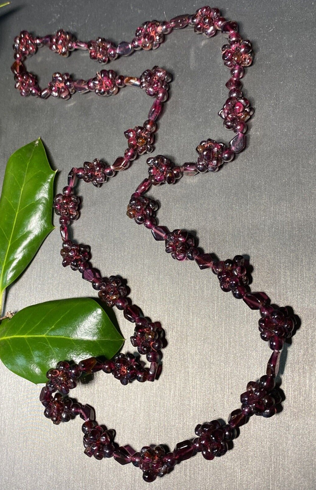 Genuine Almandine Garnet Unusual Cluster Station Bead Necklace Clasp-Free 26″