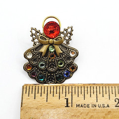Angel Double Skirt Rhinestone Filled Filigree Wings Gold Tone Pin Lapel Family
