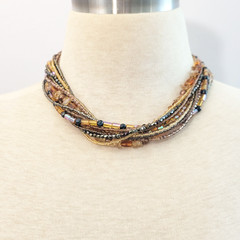 Citrine Gemstone Hematite Glass Bead Multi Strand Necklace Gold Tone 18″ Collar
