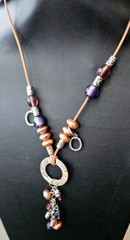 Leather cord Glass, Metal, Acrylic beaded dangle Necklace 32″