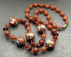 VTG Bird Butterfly Asian Cloisonne Carnelian Bead Hand Knotted Necklace 28”