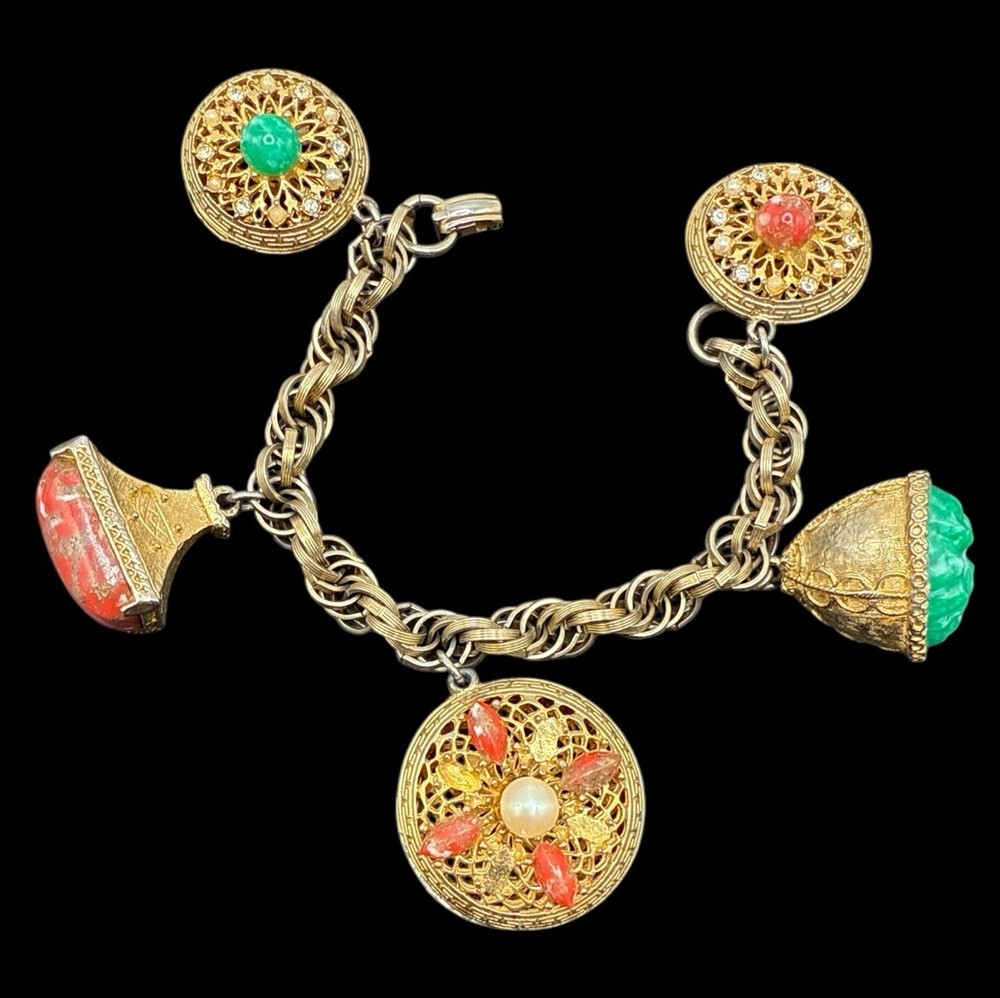 Vintage Etruscan Revival Huge Charm Bracelet 7” J110