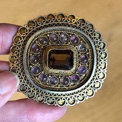 Vintage Israel 935 Silver Citrine Amethyst Cabochons Filigree Brooch Pin