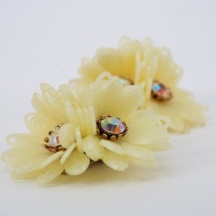 VTG Coro Cream Plastic Filigree Flower AB Rhinestone Clip On Earrings Costume