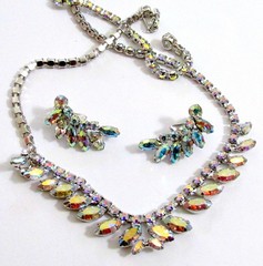 VTG EXQUISITE B DAVID AB RHINESTONE NECKLACE CLIP EARRINGS Prong Set 60s EXC