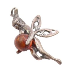 925 Sterling Silver Vintage Pendant Amber Guardian Fairy Angel Charm PT24860