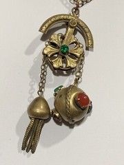 RARE Antique Brass CZECH Unique Necklace Tassel Stone Chatelaine Pulley Fob