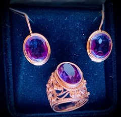 14K 583 Gold Gemstone Ring +Earrings Vintage Made in Former USSR Ring Size 16.5