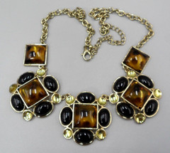90s Vintage Bib Necklace Square Oval Cabochon Choker Animal Print Geometric 22″