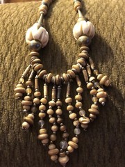 Vintage Stone Wood & Metal Beaded Necklace. Ethnic Art Design Hook Closure 23”