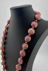 VTG MCM Handblown 24K Aventurine Pink Venetian Art Glass Beaded Necklace, Italy.