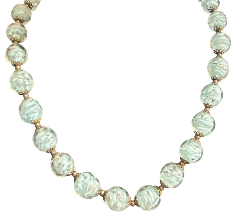 Vintage Murano Venetian light baby blue, sky-blue gold foil glass beads 17″ EUC