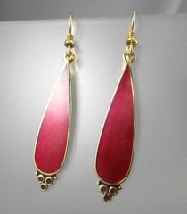 Vtg LAUREL BURCH 2″ Cloisonne Red Enamel Teardrop Dangling Hook Earrings 195c