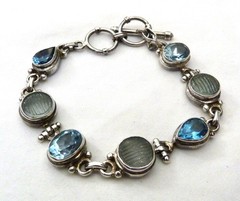 LARGE OVAL FACETED BLUE TOPAZ MELON CARVED QUARTZ STERLING SILVER BRACELET