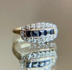 Antique 14K Gold Sapphire & Diamond Saddle Ring Victorian Edwardian Estate 7.25