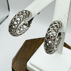Vintage silver tone chunky hoop earrings with open cut outs hinged clip on