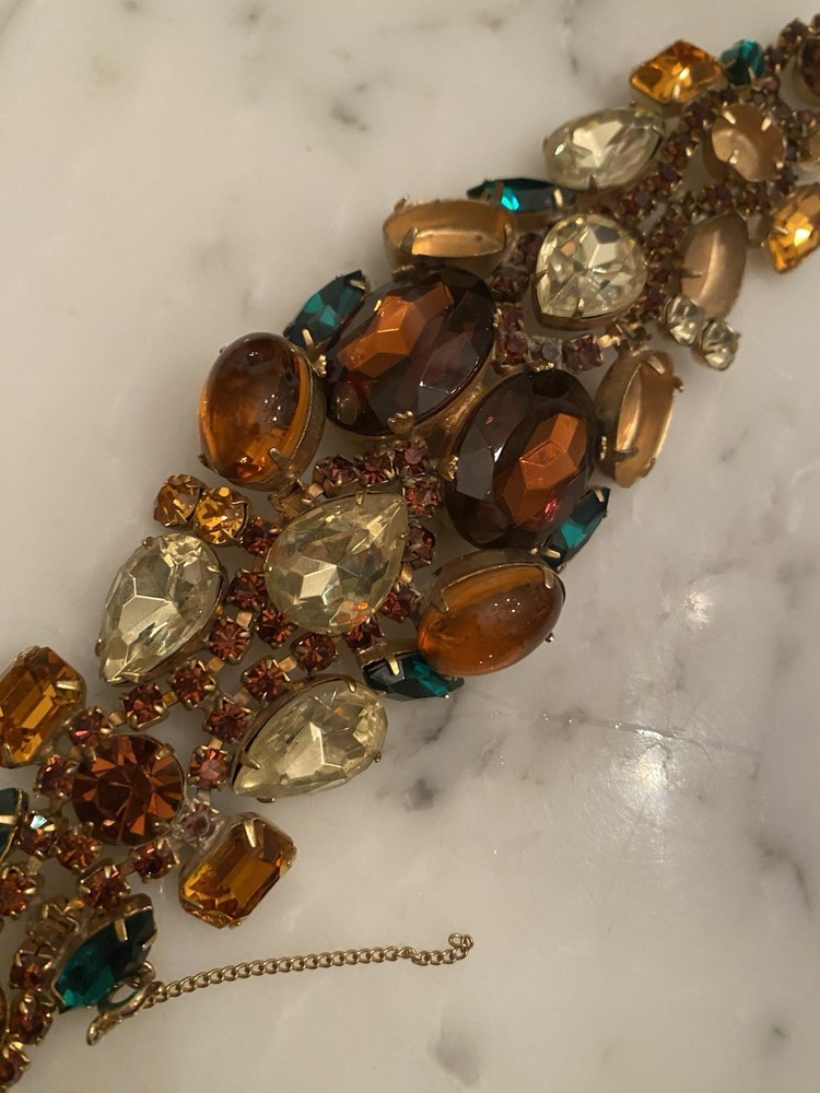 Juliana D&E Rhinestone Bracelet Brown Green 1960s Vintage Needs Repair AS IS WOW
