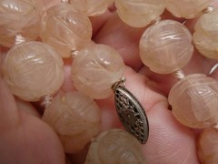 Vintage Chinese Rose Quartz Carved Round 14mm Shou Bead Knotted Necklace 19″