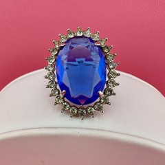 Vintage Crystal Brooch Pendant LG Blue Oval Faceted Stone Open Back Prong Set