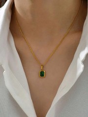 Vintage Green Rhinestone Necklace Gold Stainless Steel Women Gift