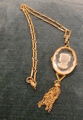 Vintage Reed Barton Glass Cameo Intaglio Tassel Pendant Necklace Gold Tone W Box