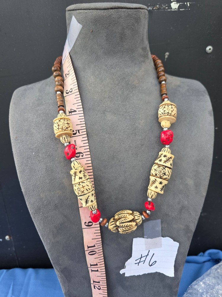 Tribal Style Carved Red Coral Color Wood Bead Boho Ethnic Necklace
