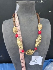Tribal Style Carved Red Coral Color Wood Bead Boho Ethnic Necklace