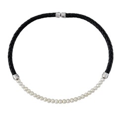 Vintage Sterling Silver 925 Black Braided Leather Pearl Necklace 16.5″