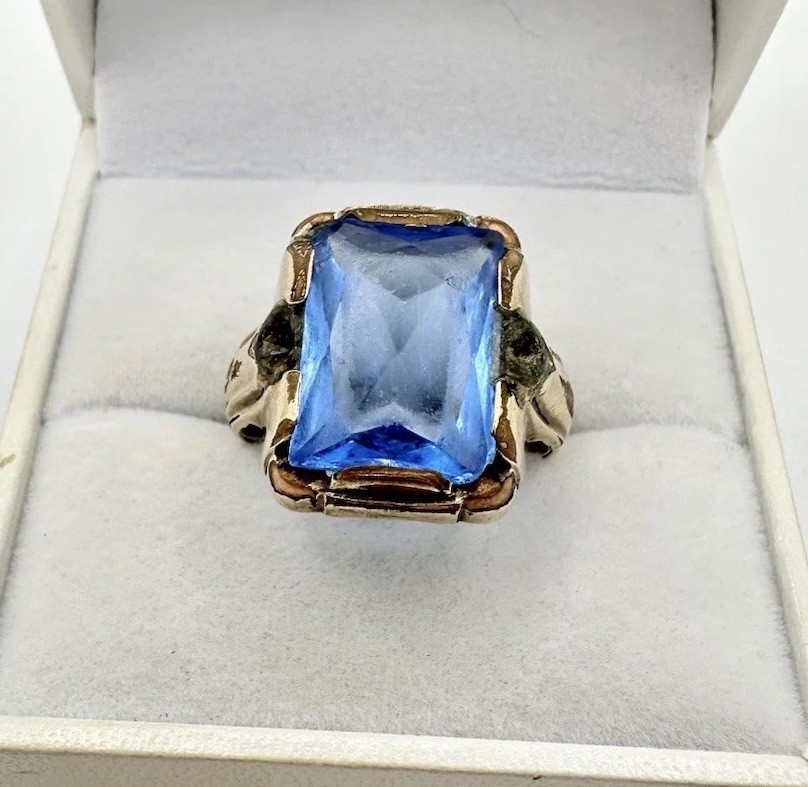 Antique Old VTG 10k Gold Filled Signed Ring SZ11 Blue Glass Damage 9.3gram READ