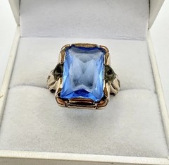 Antique Old VTG 10k Gold Filled Signed Ring SZ11 Blue Glass Damage 9.3gram READ