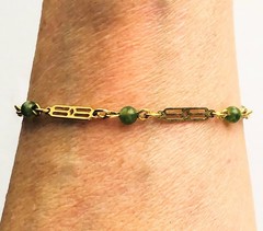 Dainty Faux Jade Panel Link Chain Bracelet Minimalist Signed 70s Jewelry Gift 7”