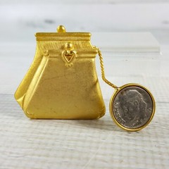 Vintage Tona 1.5″ Signed Gold Tone Coin Purse Pocketbook Dime Dangle Pin Brooch